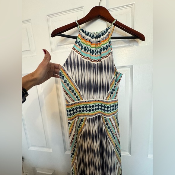 London Times Halter Maxi Dress | Geometric Print | Raw Hem | Size 8 - Picture 2 of 6